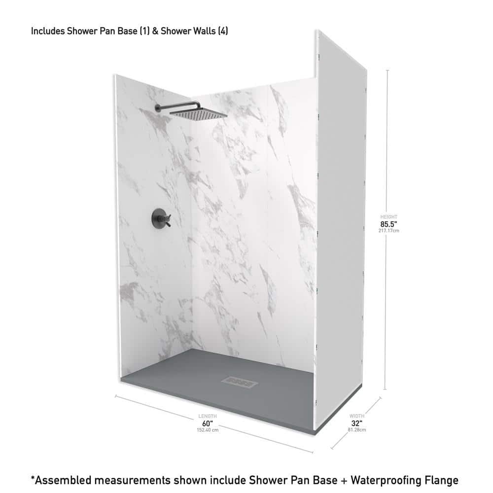 60 in x 32 in x 84 in Alcove Solid Composite Stone Shower Kit - Carrara Shower Walls and Cntr GR Sand Shower Pan Base - Image 3