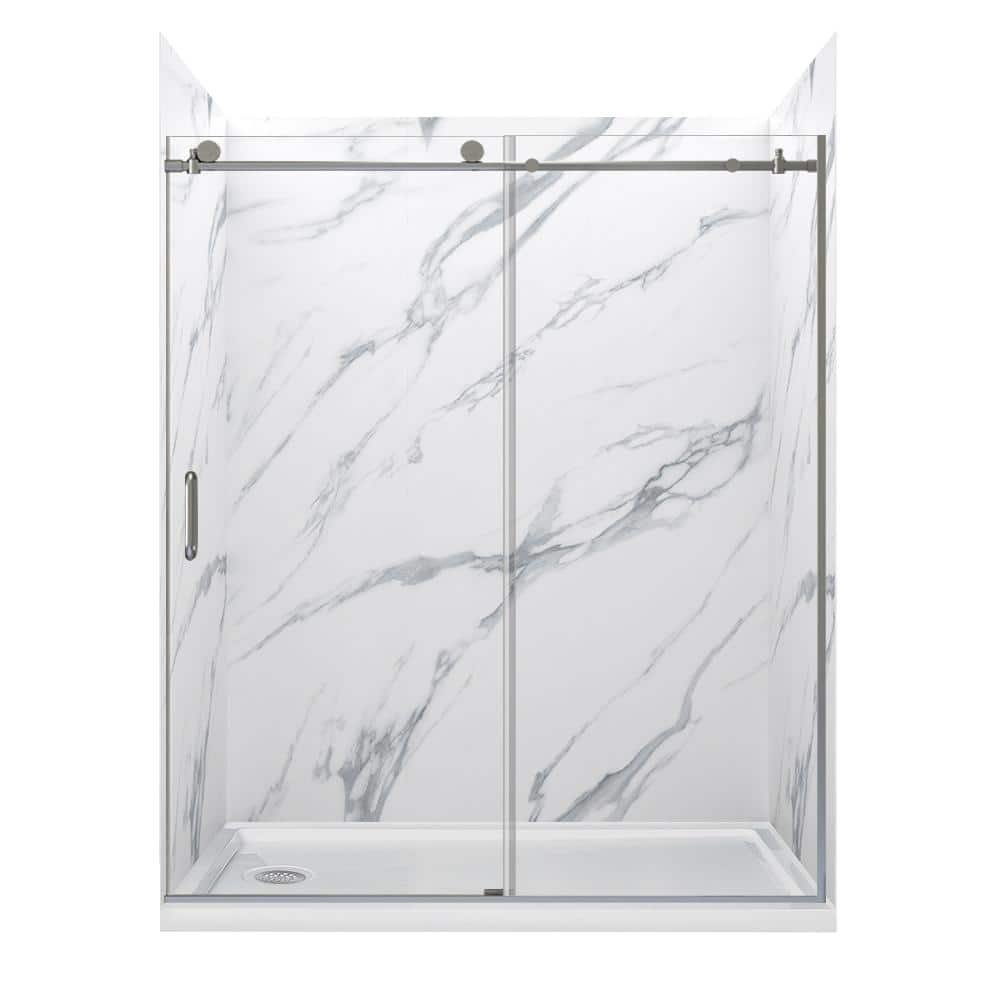 Jetcoat 60 in. L x 30 in. W x 78 in. H Left Drain Alcove Shower Stall Kit in Carrara White and Brushed Nickel 3-Piece
