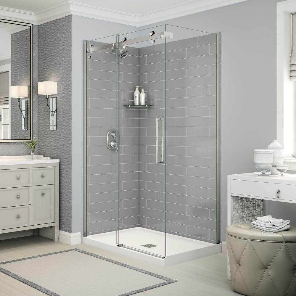 Utile Metro 32 in. x 48 in. x 83.5 in. Center Drain Corner Shower Kit in Ash Grey with Chrome Shower Door