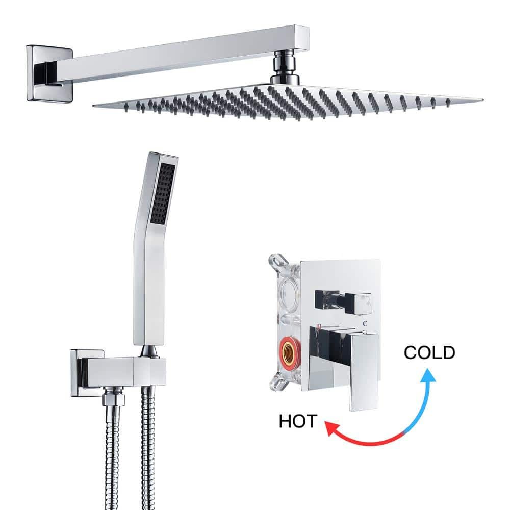 Rain Square Single Handle 1-Spray Shower Faucet 1.8 GPM w/ Valve 12in. Dual Shower Heads Shower System in Chrome