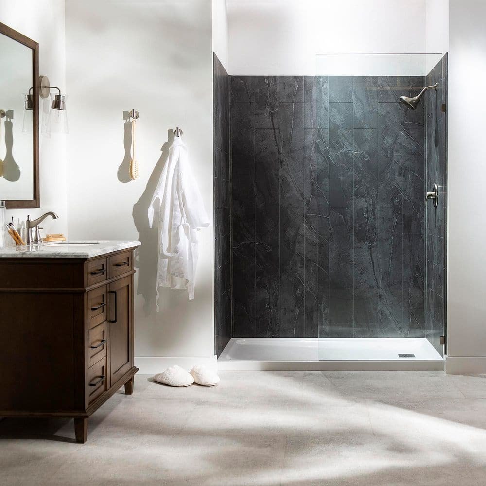 30in x 60in x 78in 4-Piece Glue-Up Alcove Shower Wall, Shelf, Trim Kit in Cracked Slate