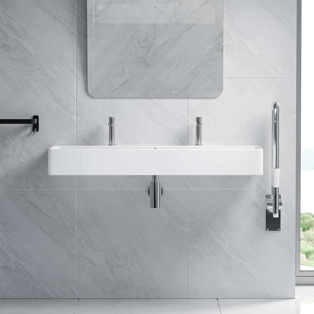 Turner 44 in. White Vitreous China Rectangular Wall-Mount Bathroom Trough Vessel Sink w/ Double Faucet Hole and Overflow - Image 3