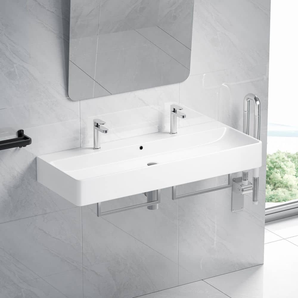 Turner 44 in. White Vitreous China Rectangular Wall-Mount Bathroom Trough Vessel Sink w/ Double Faucet Hole and Overflow