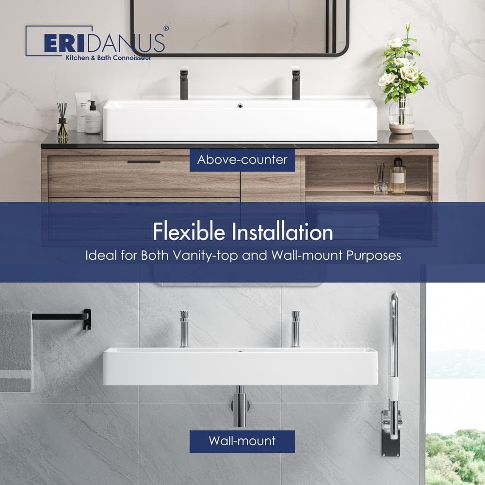 Turner 44 in. White Vitreous China Rectangular Wall-Mount Bathroom Trough Vessel Sink w/ Double Faucet Hole and Overflow - Image 2