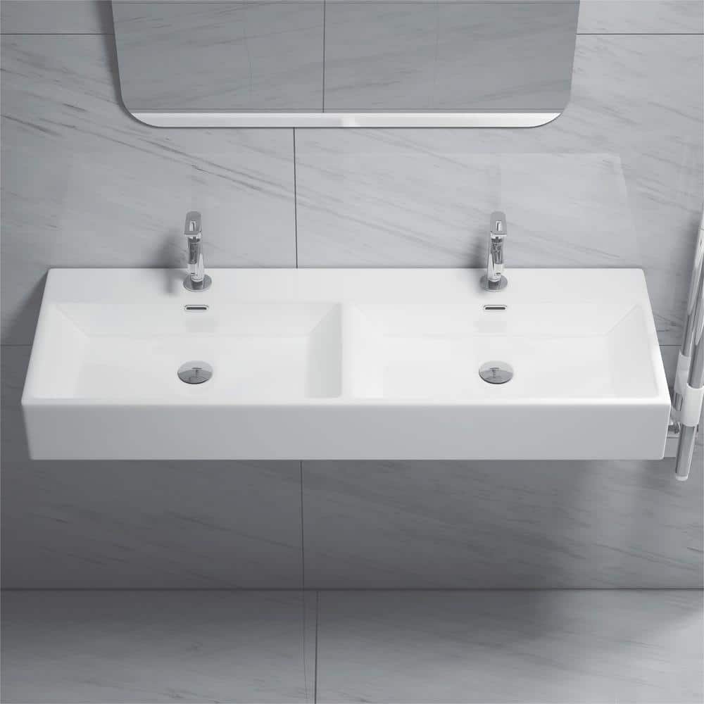48 in. Turner Crisp White Vitreous China Rectangular Trough Vessel Sink/Wall-Mount Sink with Faucet Hole and Overflow