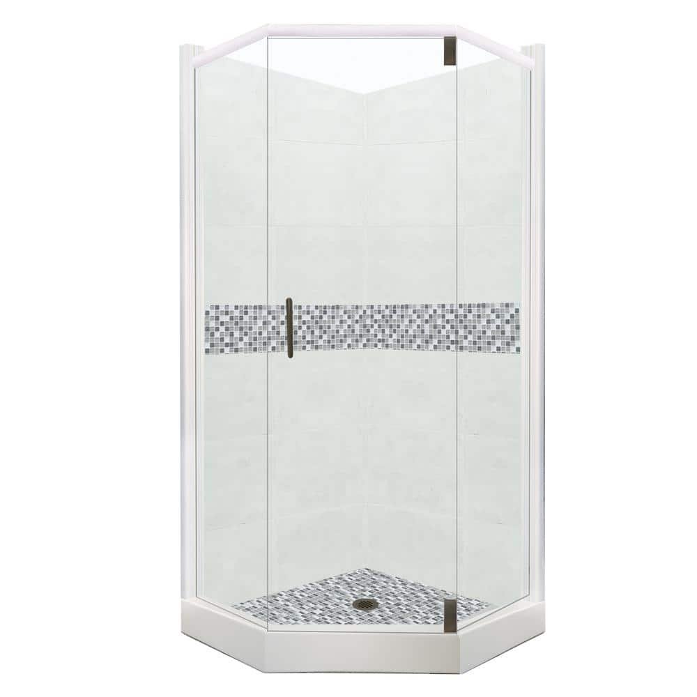 Del Mar Grand Hinged 42 in. x 48 in. x 80 in. Right-Cut Neo-Angle Shower Kit in Natural Buff and Black Pipe Hardware