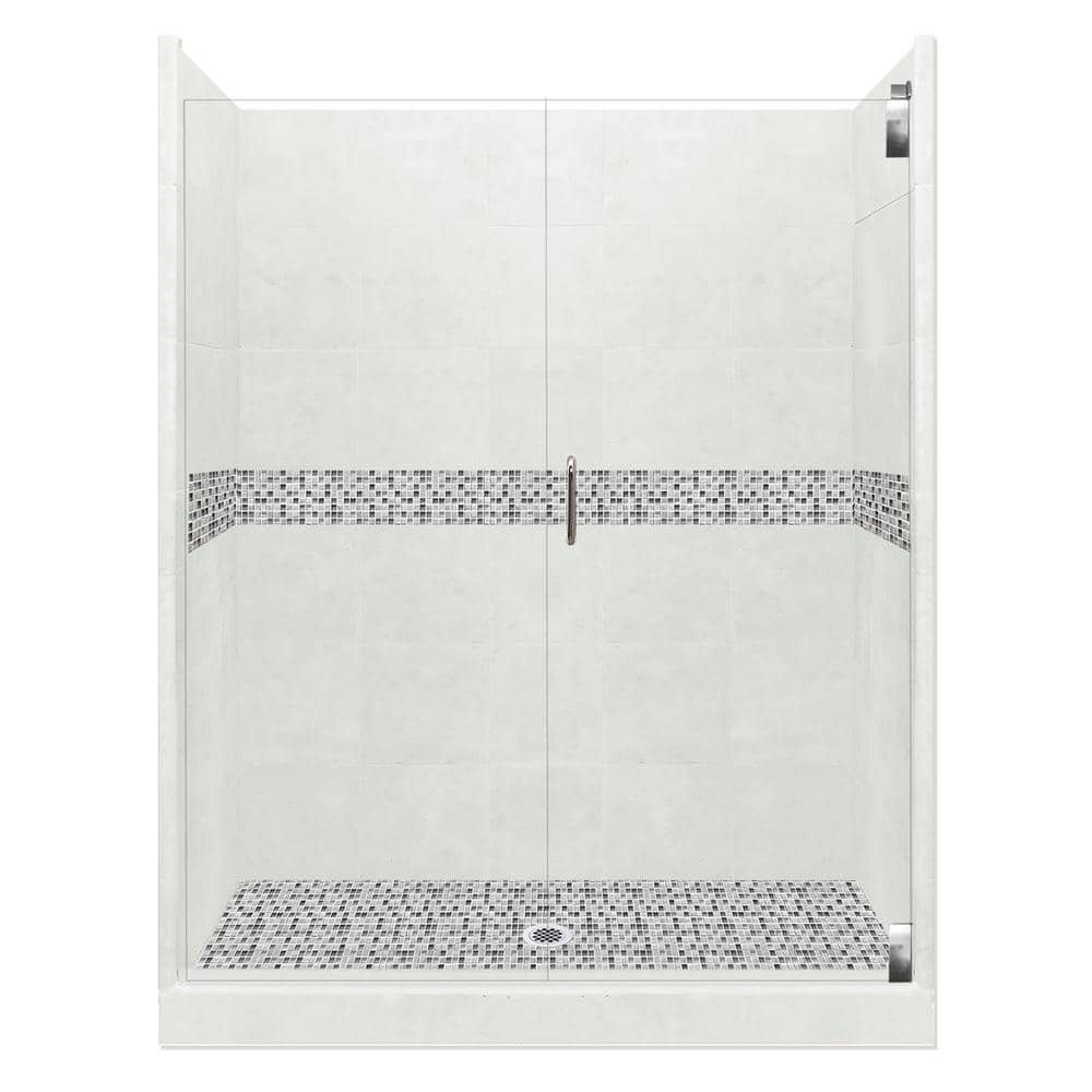 Del Mar Grand Hinged 36 in. x 42 in. x 80 in. Center Drain Alcove Shower Kit in Natural Buff and Chrome Hardware