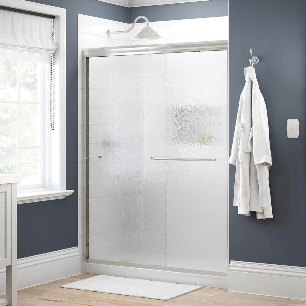 Simplicity Traditional 50-1/8 to 59-3/8 in. W x 70 in. H Semi-Frameless Sliding Shower Door, Nickel, Rain Glass