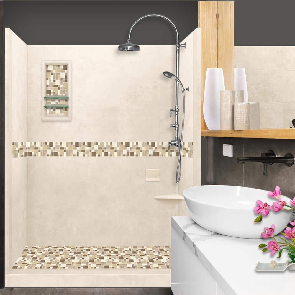 Tuscany 60 in. L x 32 in. W x 80 in. H Left Drain Alcove Shower Kit with Shower Wall and Shower Pan in Desert Sand - Image 2