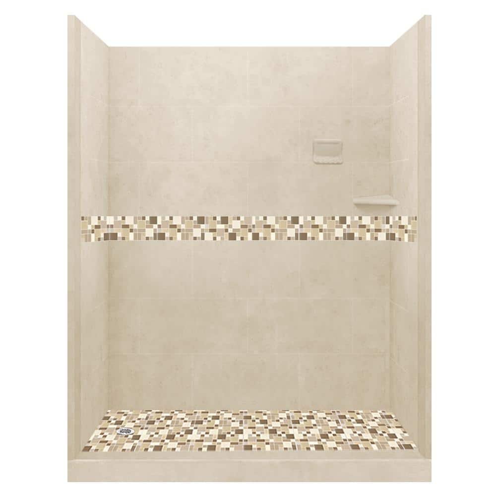 Tuscany 60 in. L x 32 in. W x 80 in. H Left Drain Alcove Shower Kit with Shower Wall and Shower Pan in Desert Sand