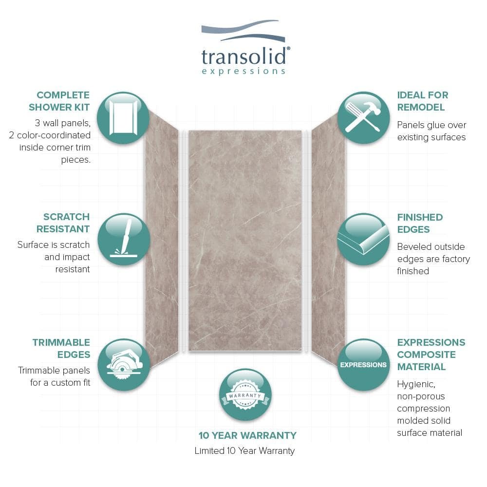 Expressions 36 in. x 36 in. x 72 in. 3-Piece Easy Up Adhesive Alcove Shower Wall Surround in Dover Stone - Image 3