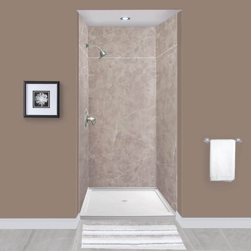 Expressions 36 in. x 36 in. x 96 in. 4-Piece Easy Up Adhesive Alcove Shower Wall Surround in Dover Stone