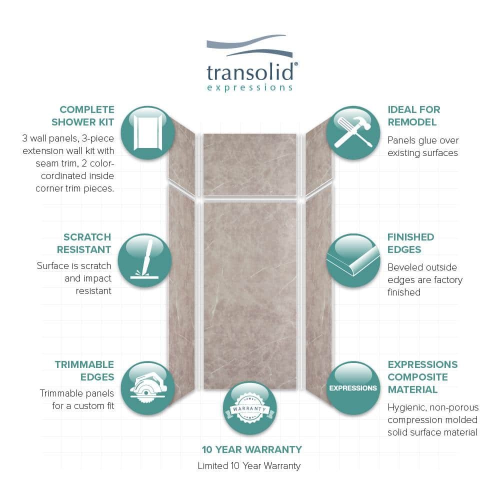 Expressions 36 in. x 36 in. x 96 in. 4-Piece Easy Up Adhesive Alcove Shower Wall Surround in Dover Stone - Image 3