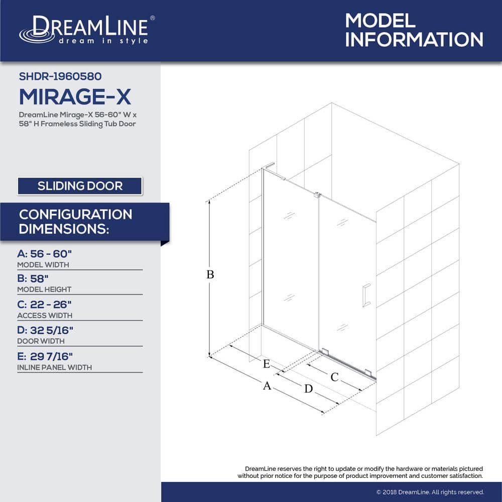 Mirage-X 56 in. to 60 in. x 58 in. Semi-Frameless Sliding Tub Door in Brushed Nickel - Image 2