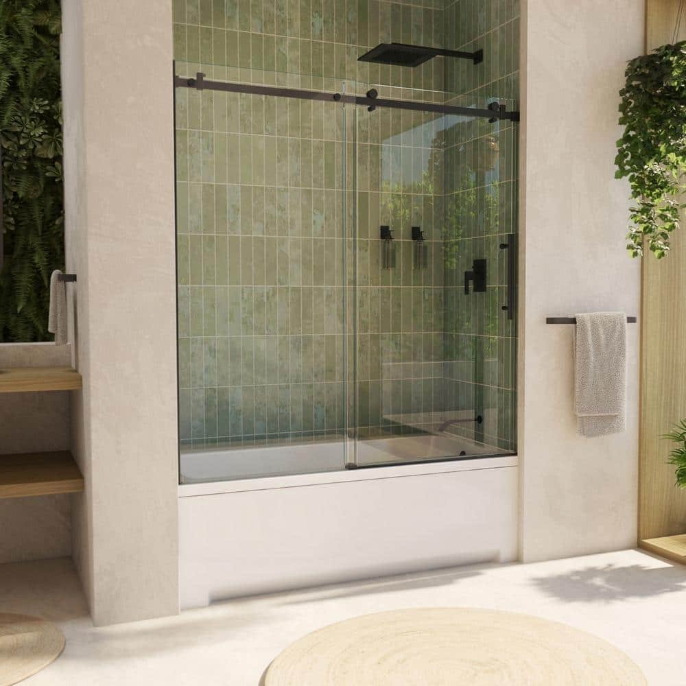 Seneca 60 in. W. x 62 in. H Frameless Sliding Tub Door in Matte Black with Clear Glass