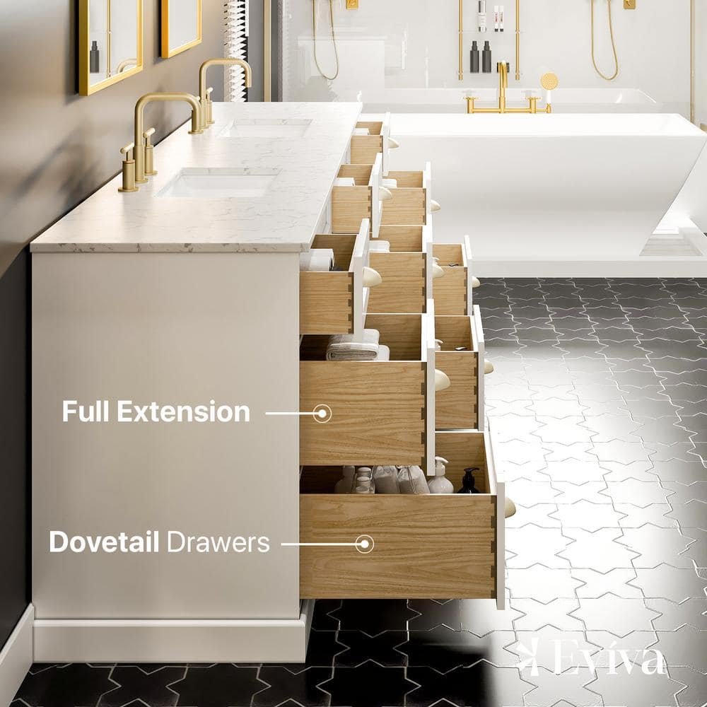 Epic 96 in. Double Sink White Bath Vanity with White Carrara Quartz Top (Assembled) - Image 2