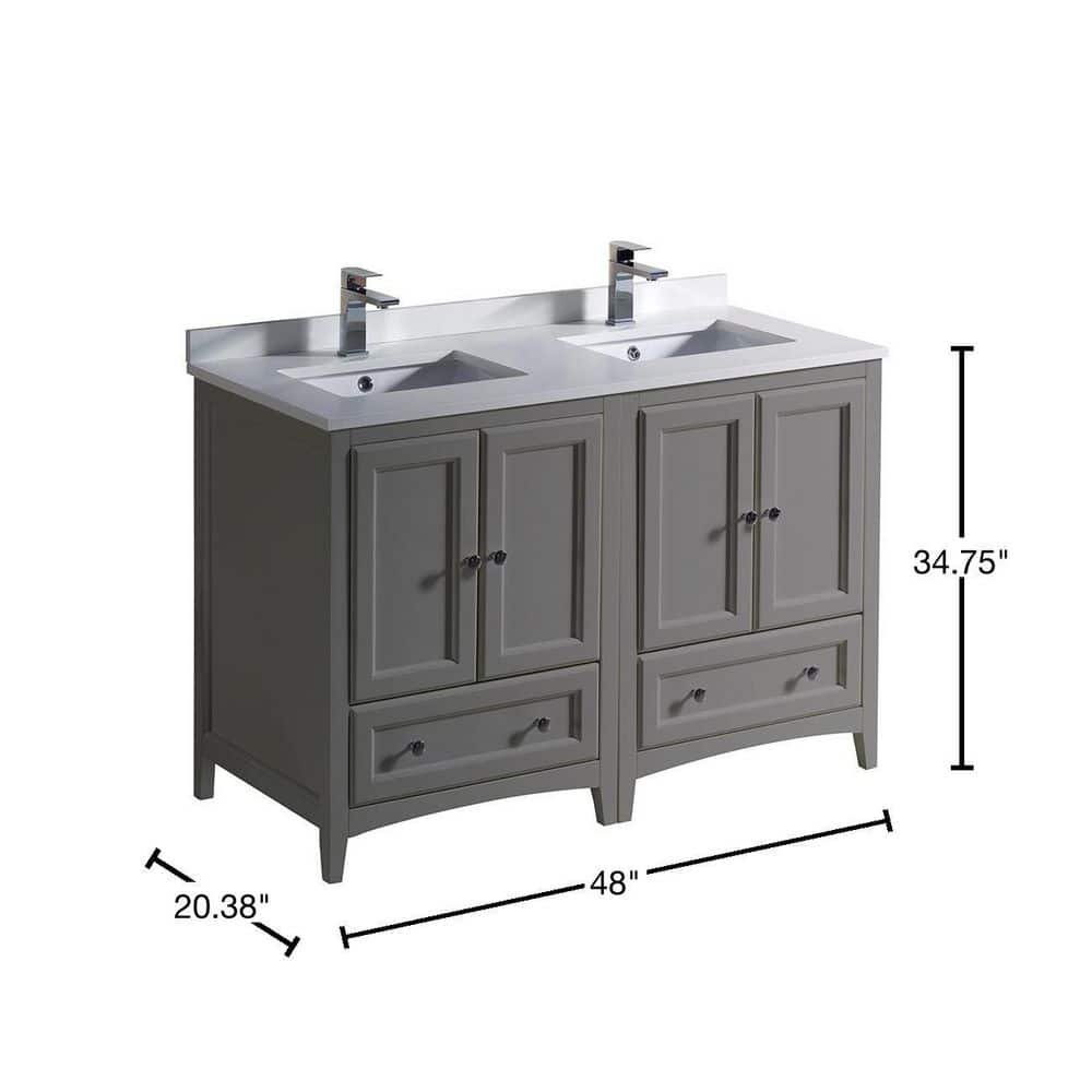 Oxford 48 in. Traditional Double Bath Vanity in Gray with Quartz Stone Vanity Top in White with White Basins - Image 2