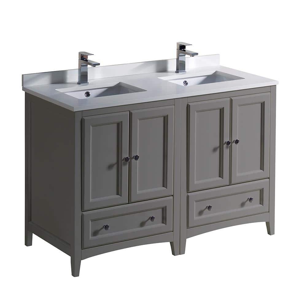 Oxford 48 in. Traditional Double Bath Vanity in Gray with Quartz Stone Vanity Top in White with White Basins