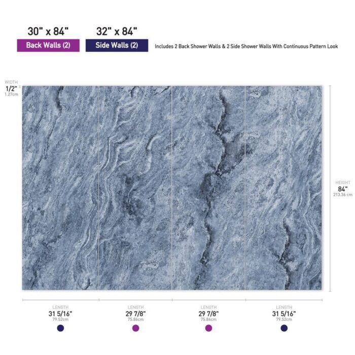 60 in. L x 32 in. W x 84 in. H Glue-Up Alcove Solid Composite Stone 4-Piece Shower Wall Set in Fusion Blue - Image 3