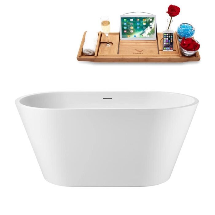 51 in. x 28 in. Acrylic Freestanding Soaking Bathtub in Glossy White with Brushed Nickel Drain, Bamboo Tray