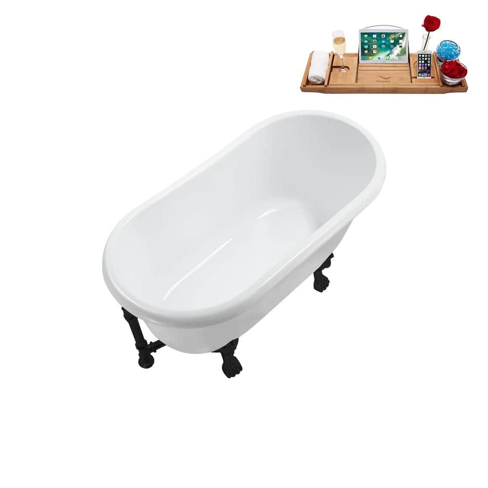 57 in. Acrylic Clawfoot Non-Whirlpool Bathtub in Glossy White with Matte Black Drain and Matte Black Clawfeet - Image 3