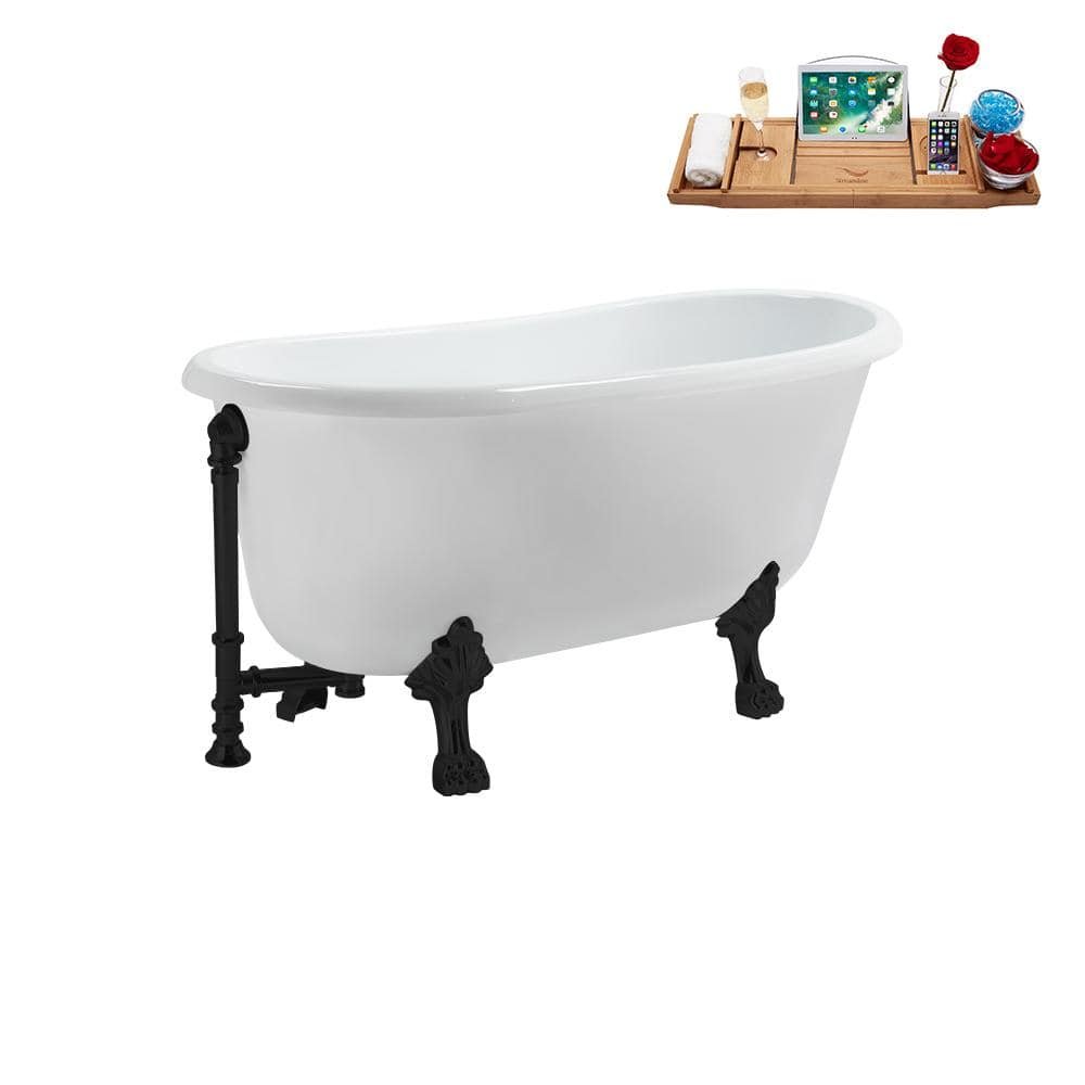 57 in. Acrylic Clawfoot Non-Whirlpool Bathtub in Glossy White with Matte Black Drain and Matte Black Clawfeet - Image 2