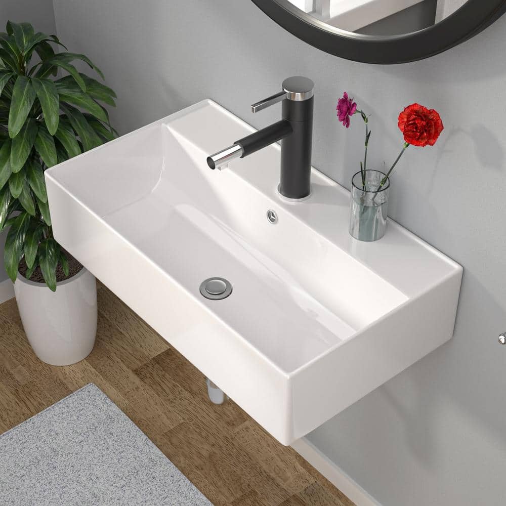 21 in. White Ceramic Rectangular Wall-Mounted Bath Vessel Sink Single Bowl Vanity Basin without Faucet Pop-Up Drain - Image 2