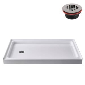 60 in. L x 36 in. W Alcove Acrylic Shower Pan Base in Glossy White with Left Drain, Drain Included