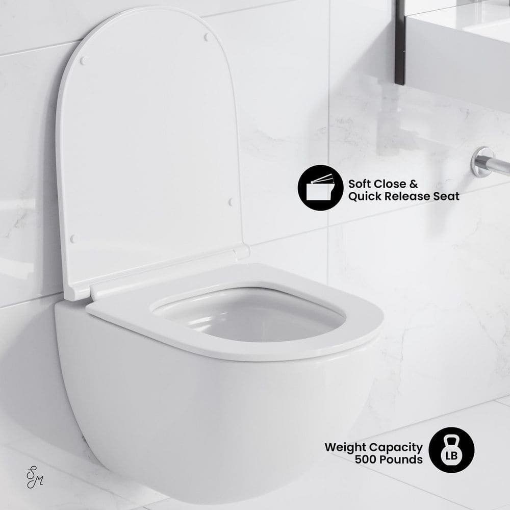 St. Tropez Wall-Hung Toilet, Round, 3-Piece Bundle 0.8/1.6 GPF Dual Flush in Glossy White with Brass Flush Plate - Image 3