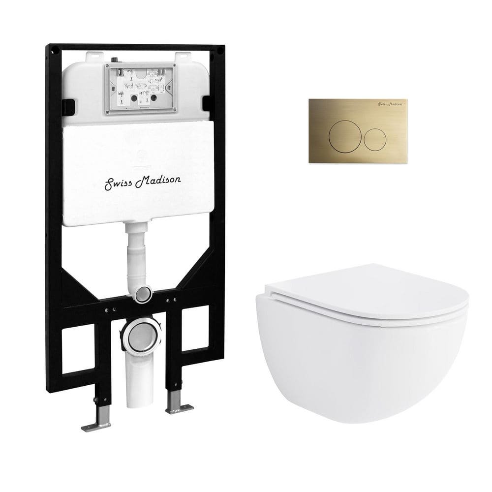 St. Tropez Wall-Hung Toilet, Round, 3-Piece Bundle 0.8/1.6 GPF Dual Flush in Glossy White with Brass Flush Plate