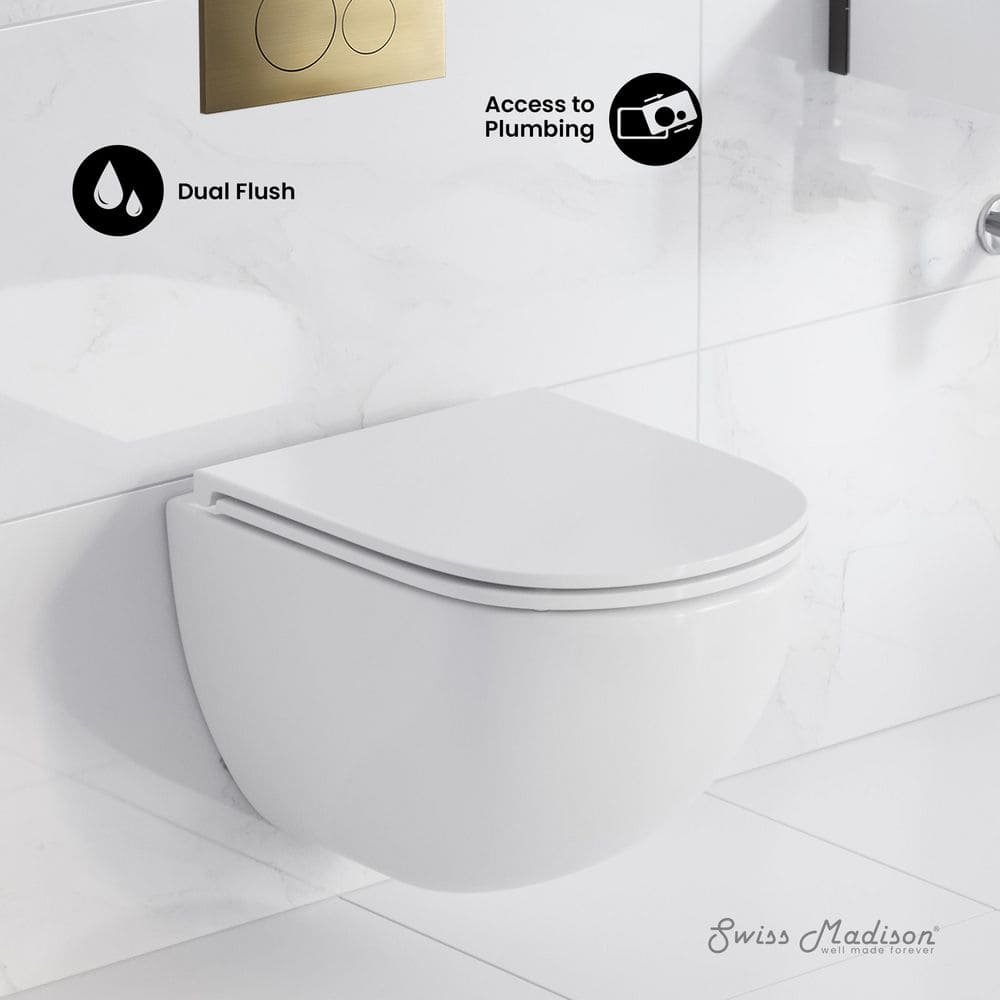 St. Tropez Wall-Hung Toilet, Round, 3-Piece Bundle 0.8/1.6 GPF Dual Flush in Glossy White with Brass Flush Plate - Image 2