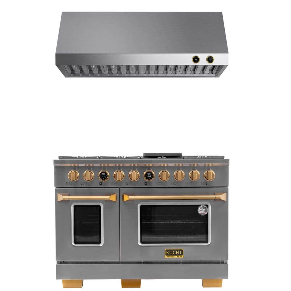 48" 6.7 cu. ft. 8-Burner Double Oven Dual Fuel Range Natural Gas in Stainless Steel & Gold Plus Under Cabinet Range Hood