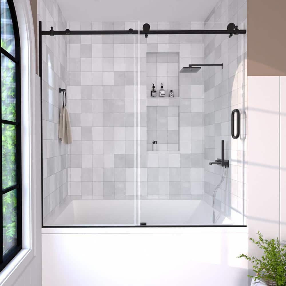 Brewo 60 in. W x 60 in. H Sliding Semi-Frameless Tub Door in Matte Black Finish with Clear Glass