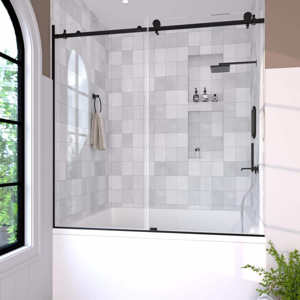 Brewo 60 in. W x 60 in. H Sliding Semi-Frameless Tub Door in Matte Black Finish with Clear Glass - Image 2