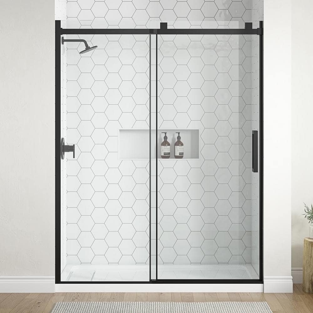 Claridge 58 1/2 in. - 60 in. W x 76 in. H Sliding Frameless Shower Door in Matte Black Finish with Clear Glass