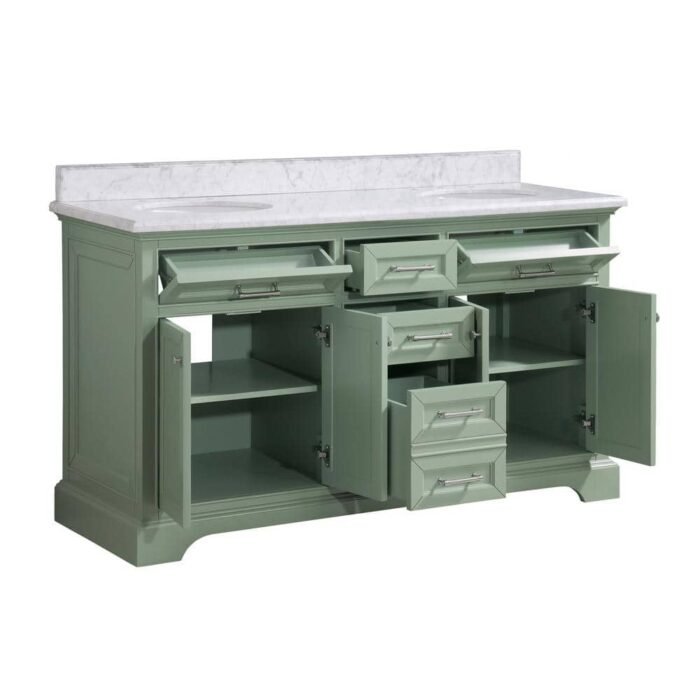 Windlowe 61 in. Double Sink Green Bath Vanity with White Carrara Marble Top (Assembled) - Image 3