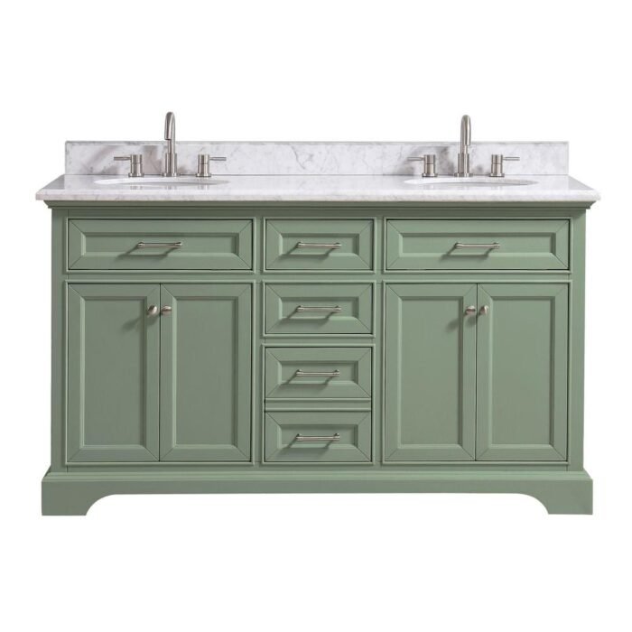 Windlowe 61 in. Double Sink Green Bath Vanity with White Carrara Marble Top (Assembled) - Image 2