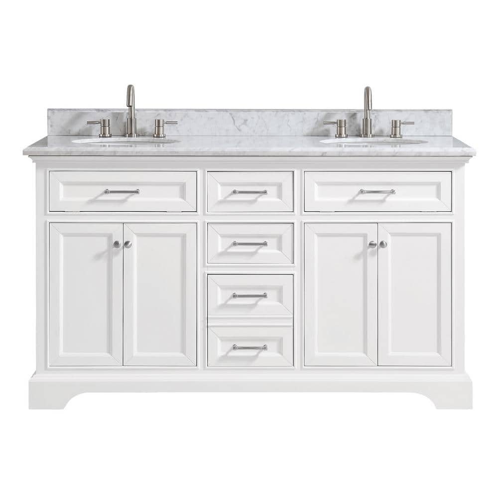 Windlowe 61 in. Double Sink White Bath Vanity with White Carrara White Marble Top (Assembled) - Image 2