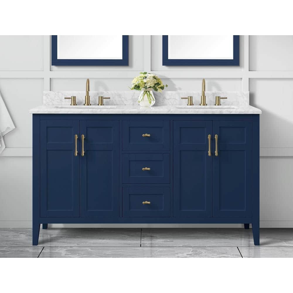 Sturgess 61 in. Double Sink Navy Blue Bath Vanity with White Carrara Marble Top (Assembled)