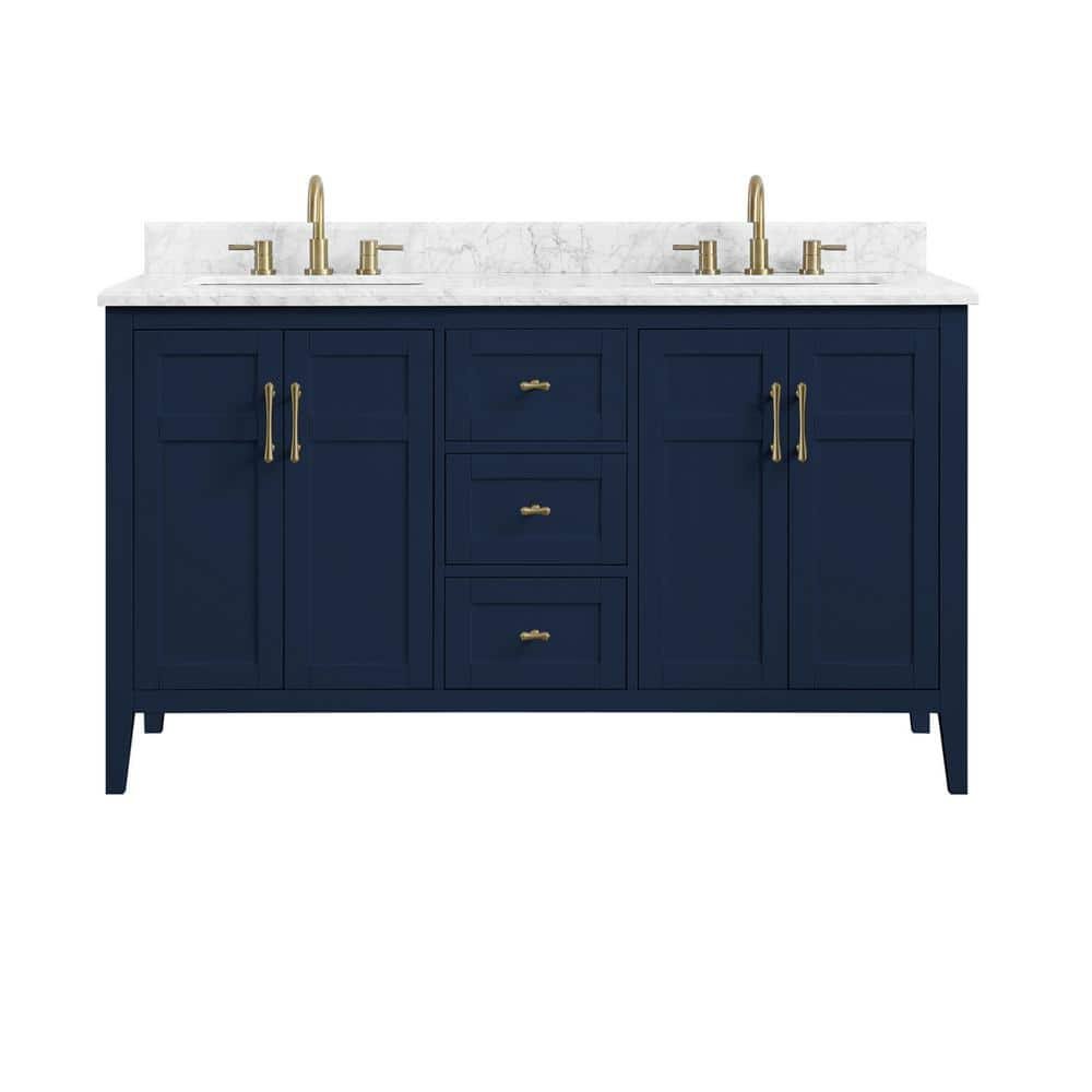 Sturgess 61 in. Double Sink Navy Blue Bath Vanity with White Carrara Marble Top (Assembled) - Image 2