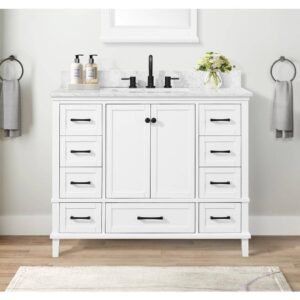Merryfield 43 in. Single Sink White Bath Vanity with White Carrara Marble Top (Assembled)