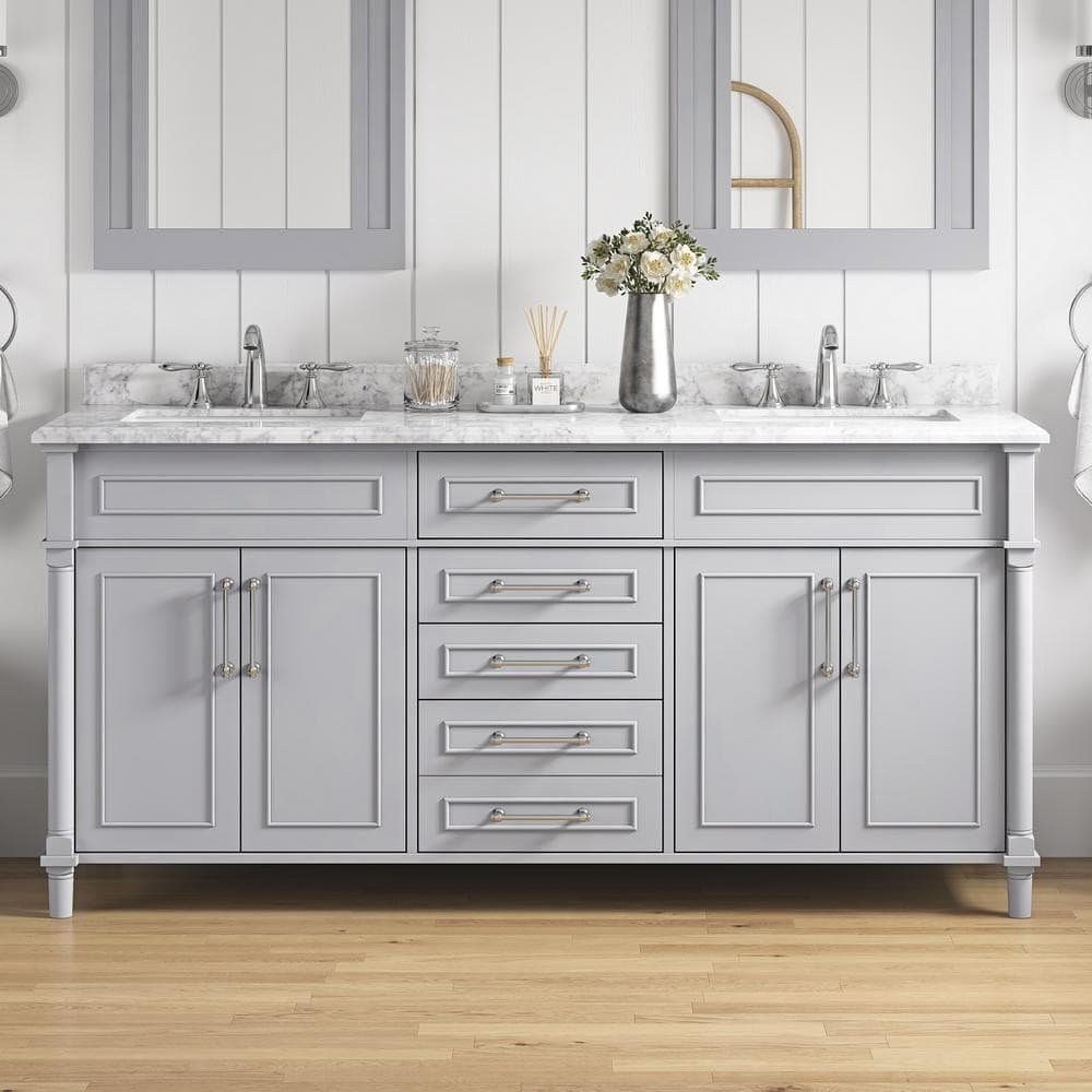 Aberdeen 72 in. Double Sink Dove Gray Bath Vanity with Carrara Marble Top (Assembled)