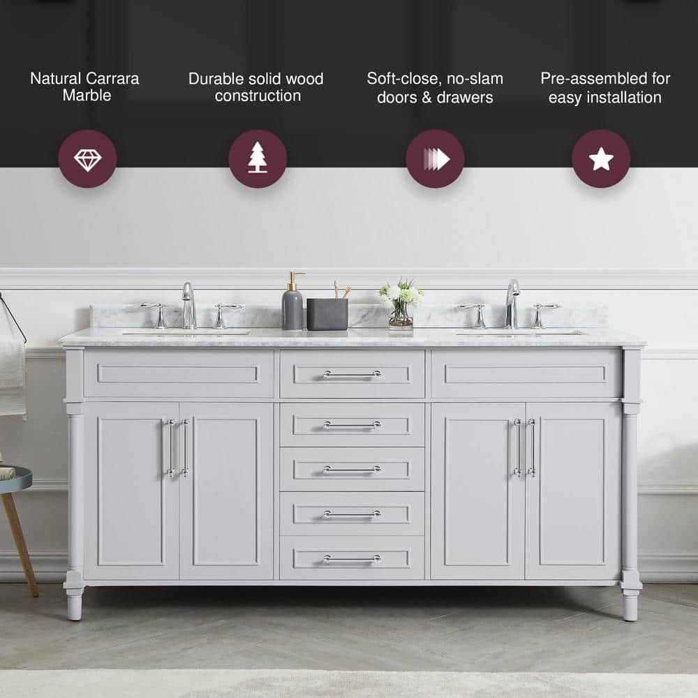 Aberdeen 72 in. Double Sink Dove Gray Bath Vanity with Carrara Marble Top (Assembled) - Image 4