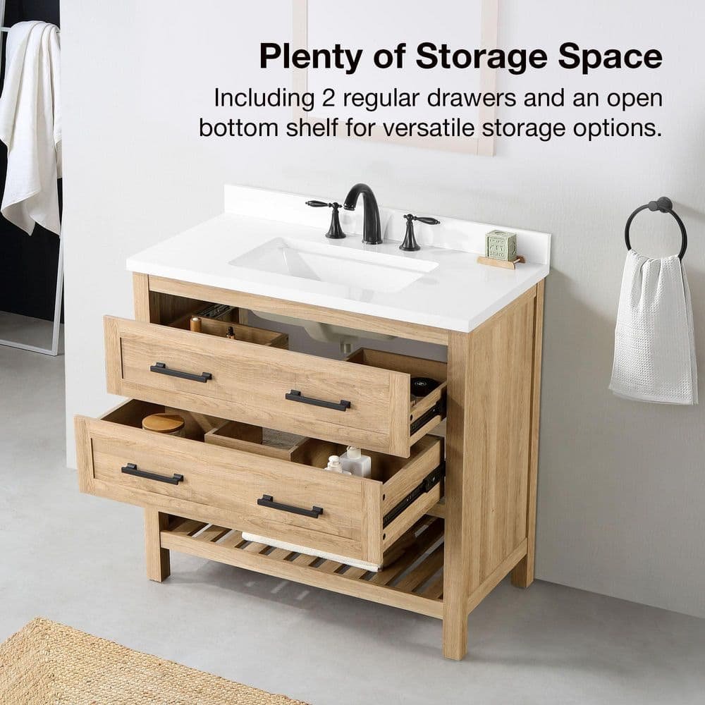 Autumn 36 in. Single Sink Weathered Tan Bath Vanity with White Engineered Stone Top (Assembled) - Image 3