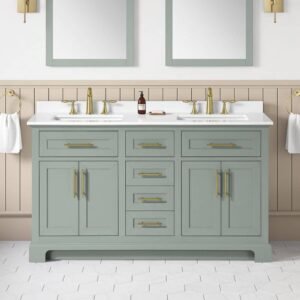 Doveton 60 in. Double Sink Sage Green Bath Vanity with White Engineered Marble Top (Assembled)