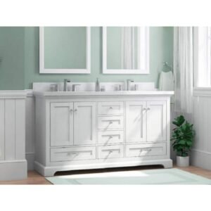 Bluestern 60 in. Double Sink Freestanding White Bath Vanity with White Natural Veining Engineered Stone Top (Assembled)