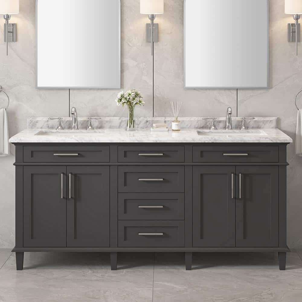Sonoma 72 in. Double Sink Dark Charcoal Bath Vanity with Carrara Marble Top (Assembled)