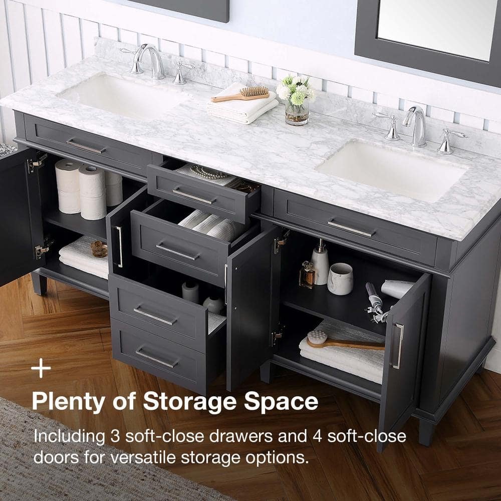 Sonoma 72 in. Double Sink Dark Charcoal Bath Vanity with Carrara Marble Top (Assembled) - Image 4