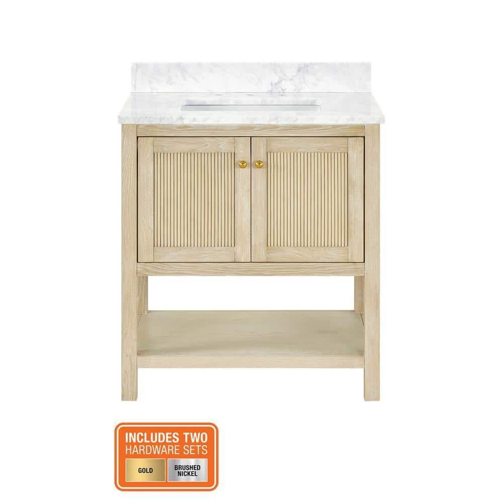 Arcott 31 in. Single Sink Fluted Natural Wood Bath Vanity with White Carrara Marble Top (Assembled) - Image 2