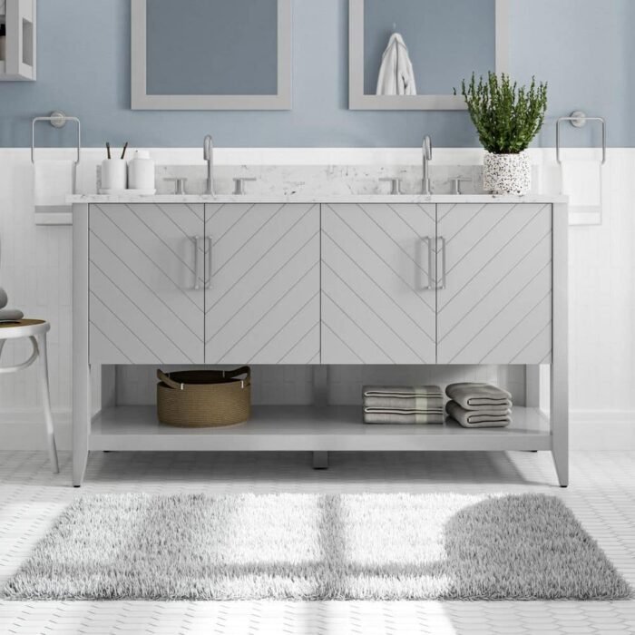 Baybarn 60 in. Double Sink Gray Bath Vanity with White Engineered Carrara Top (Assembled)